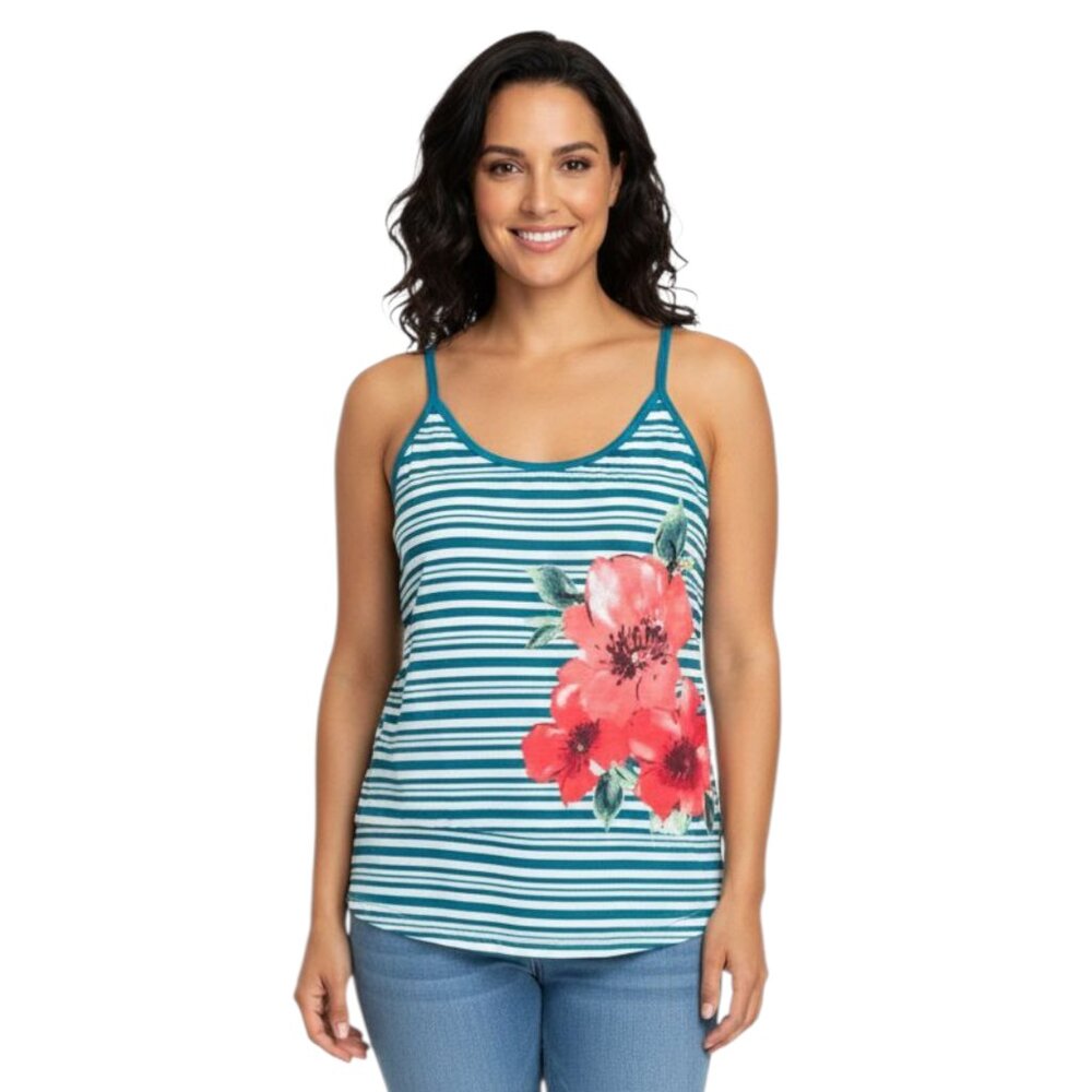 Route 66 Striped Floral Tank Top Size XL Blue White Red FlowerStylish